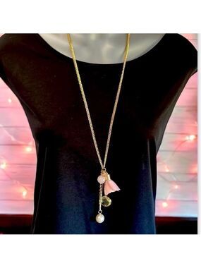 LONG Gold Necklace Pendant with Pink Flower and Charms by INC